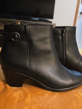 Clarks Black Leatherette Ankle Booties with Low Block Heel
